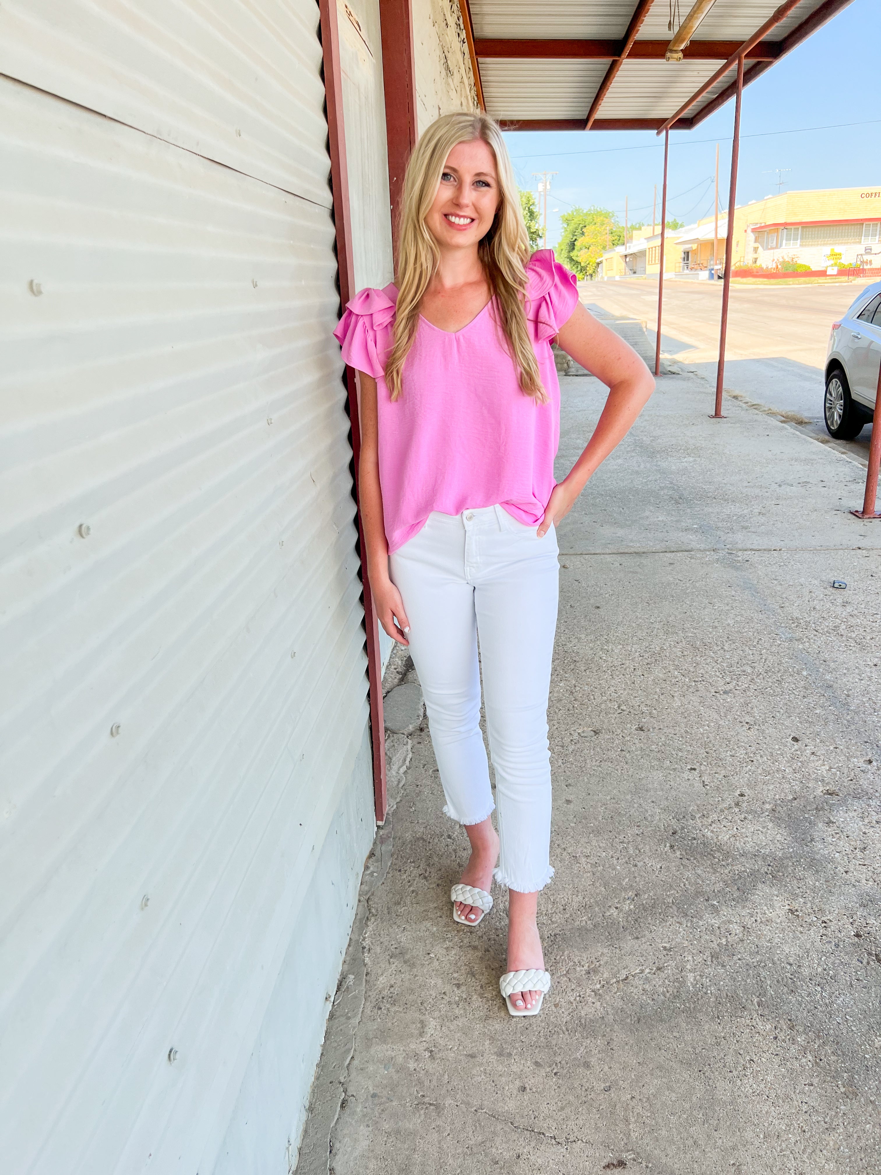 Short Sleeve Ruffle Blouse in Pink - JD Ranch Boutique