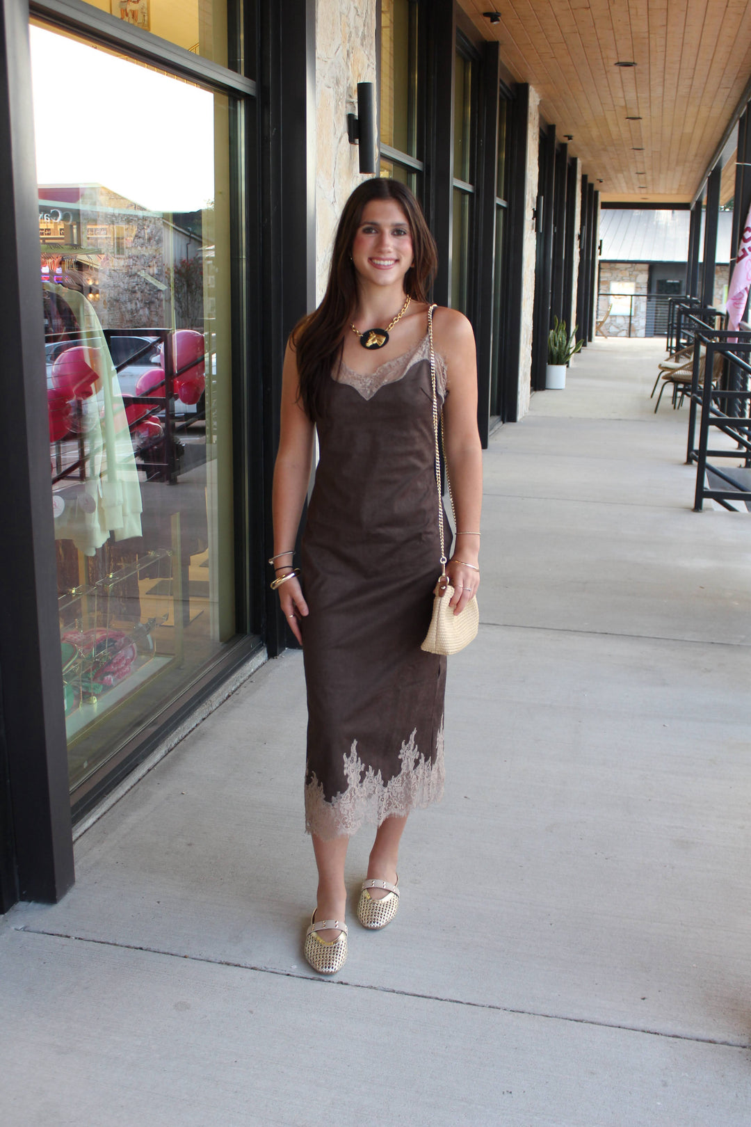 Front of brown suede lace midi dress
