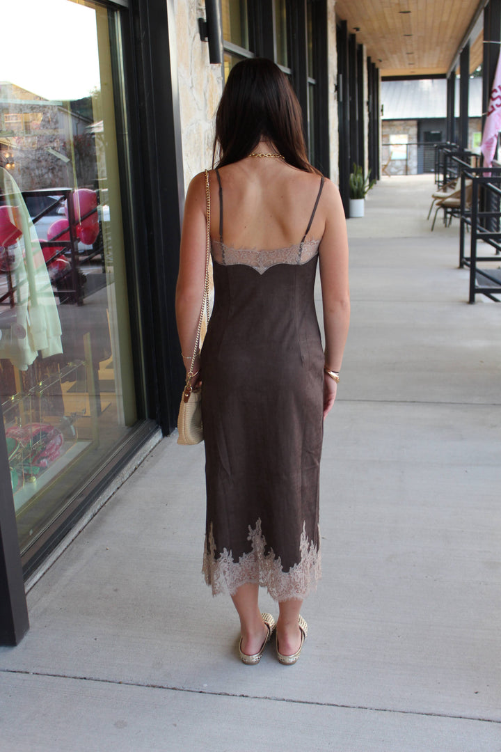 Back of brown suede lace midi dress