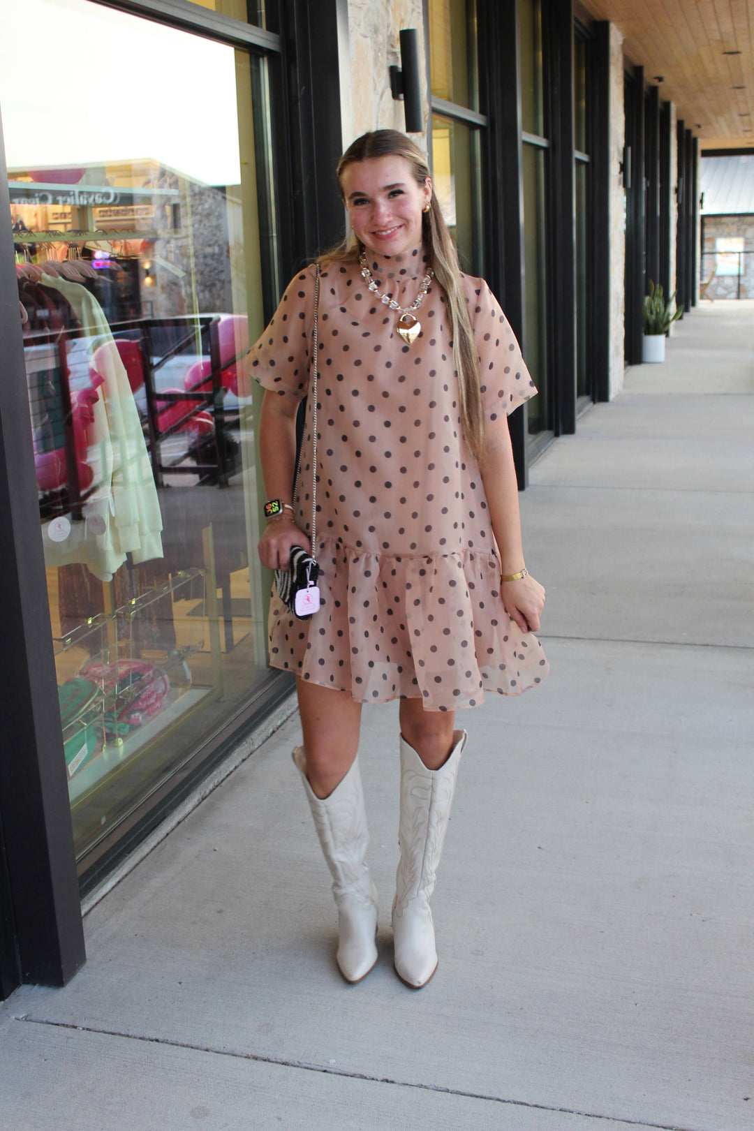 Front of organza polka dot dress