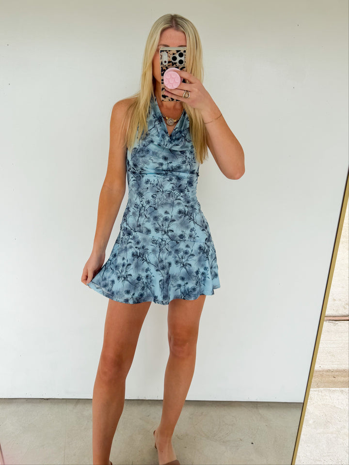 Halter Mini Dress - Blue Floral