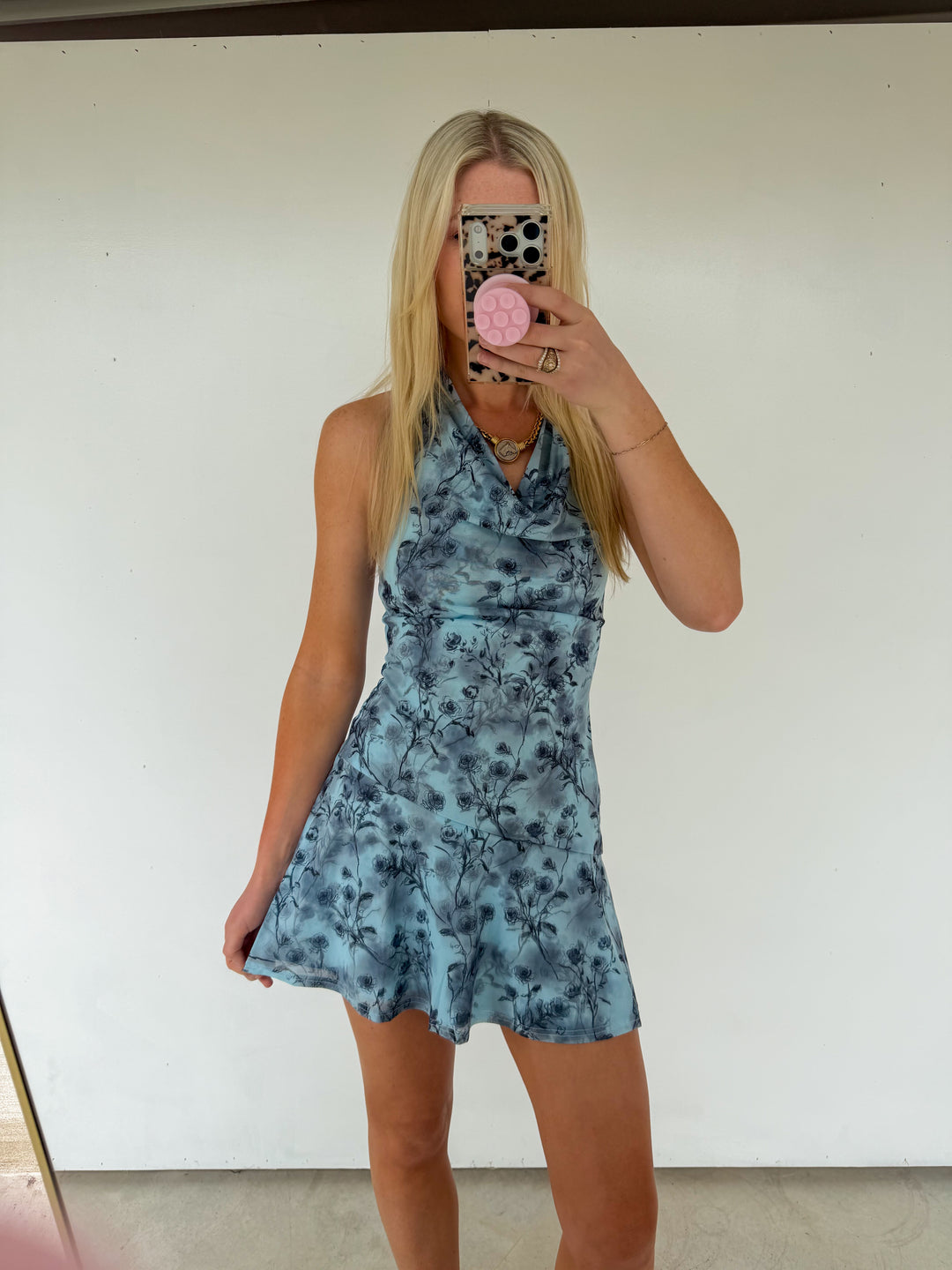 Halter Mini Dress - Blue Floral