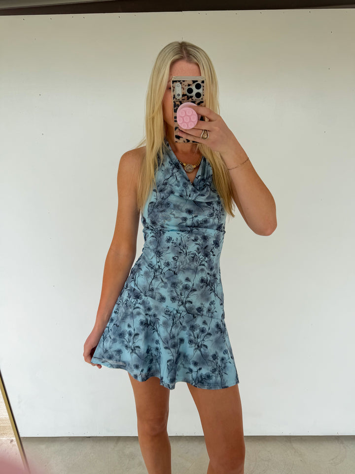 Halter Mini Dress - Blue Floral