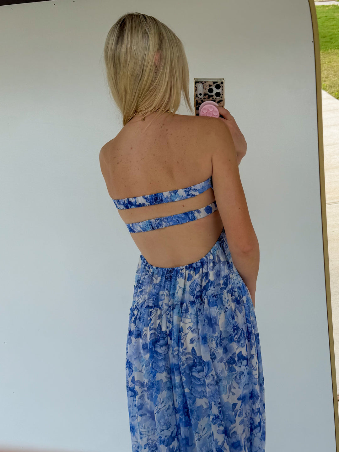 Strapless Floral Maxi in Blue