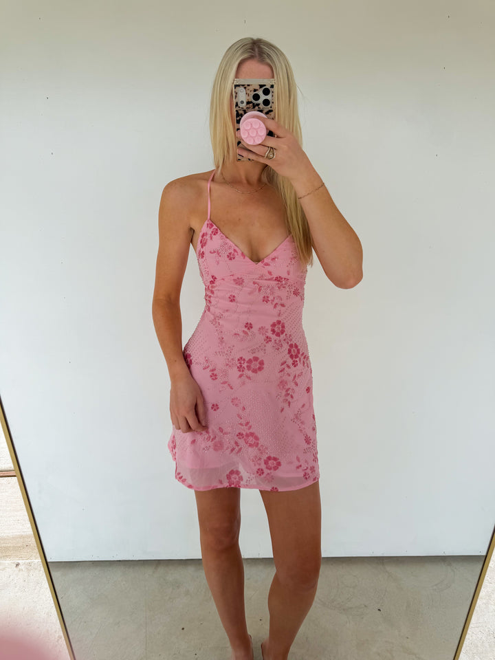 Pink Beaded Mini Dress