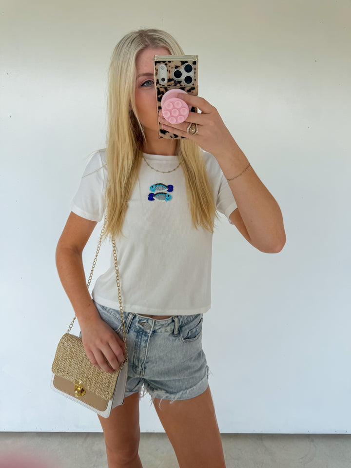 White Beaded Fish Tee