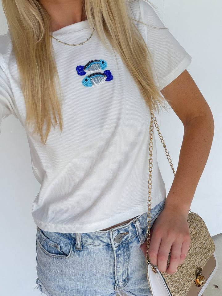 White Beaded Fish Tee