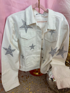 Rhinestone Star Denim Jacket in White - JD Ranch Boutique