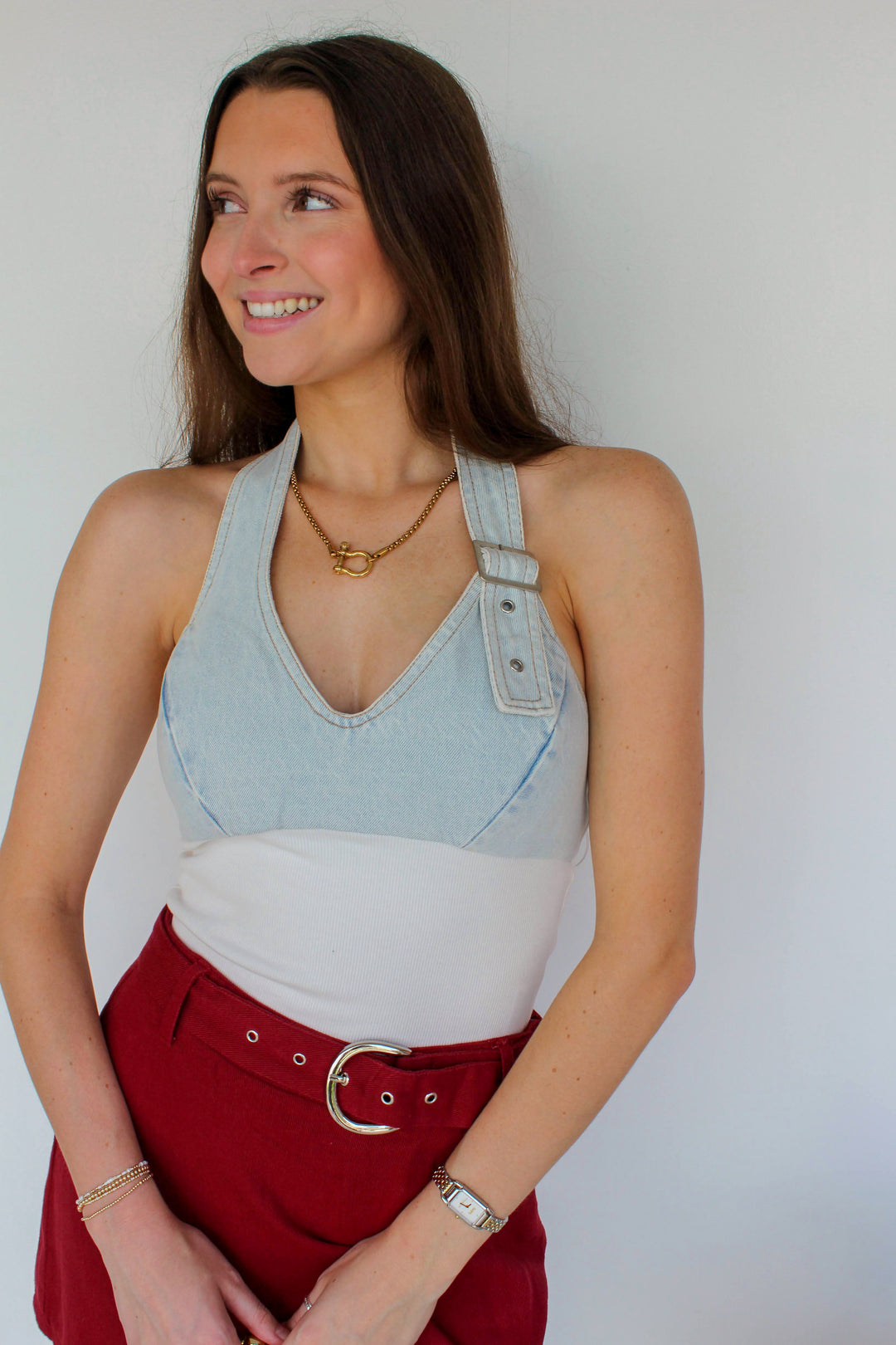 Denim Ribbed Tank Halter Top