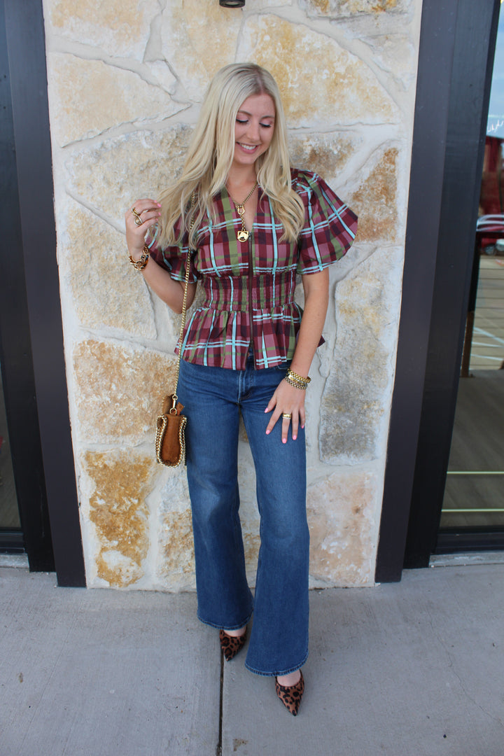 Plaid Smocked Zipper Blouse
