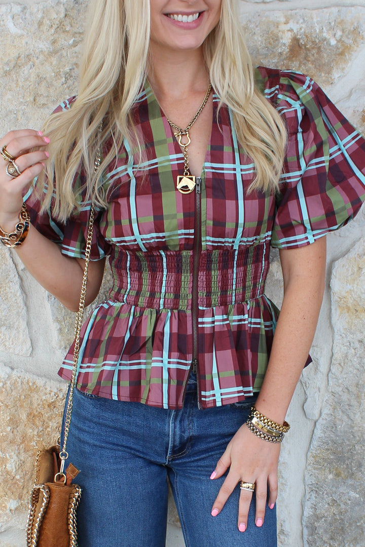 Plaid Smocked Zipper Blouse