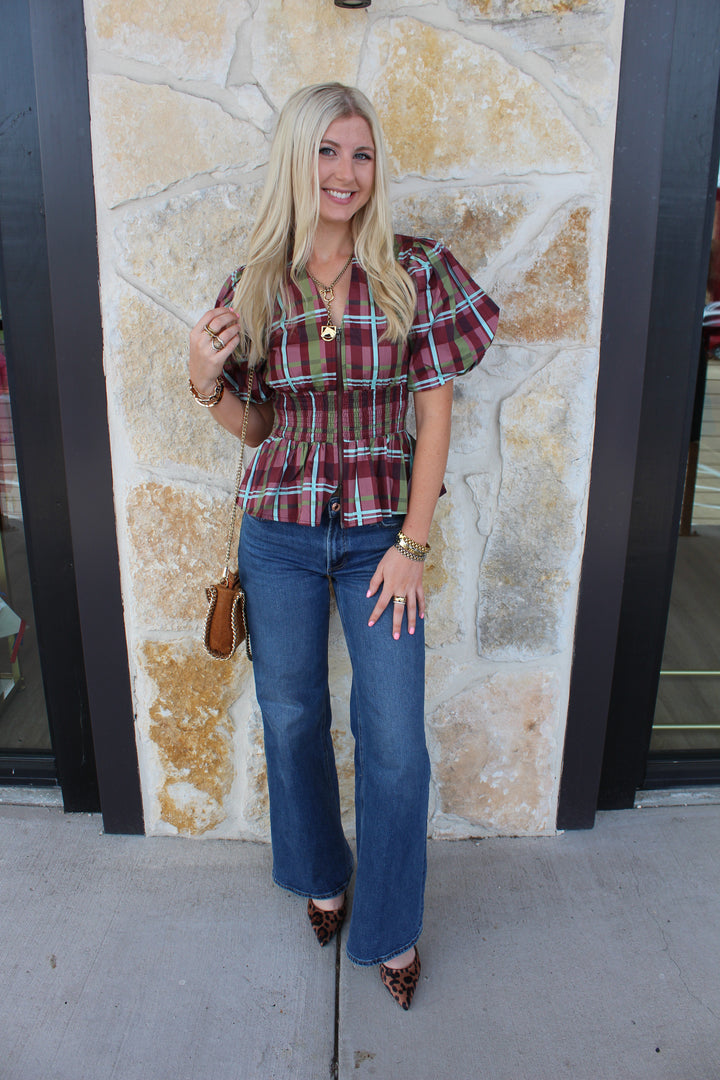 Plaid Smocked Zipper Blouse