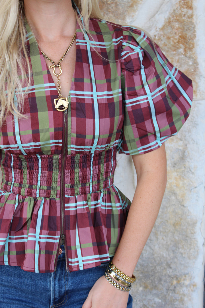 Plaid Smocked Zipper Blouse