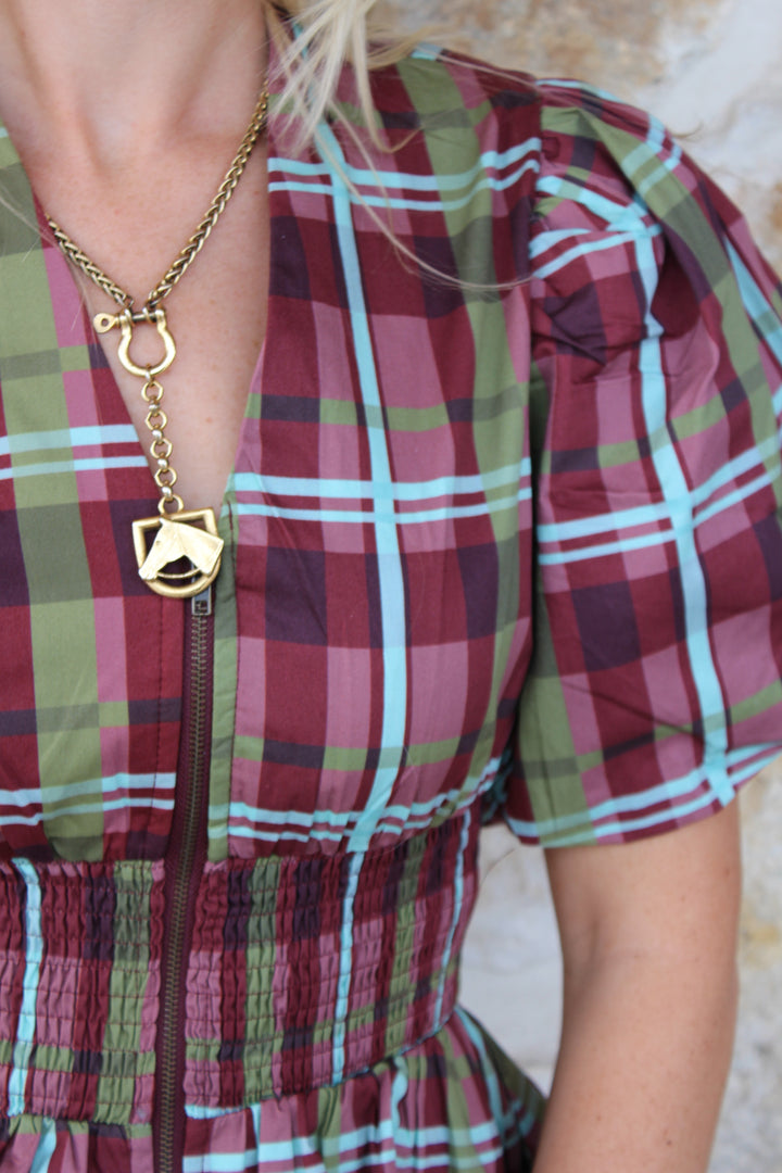 Plaid Smocked Zipper Blouse