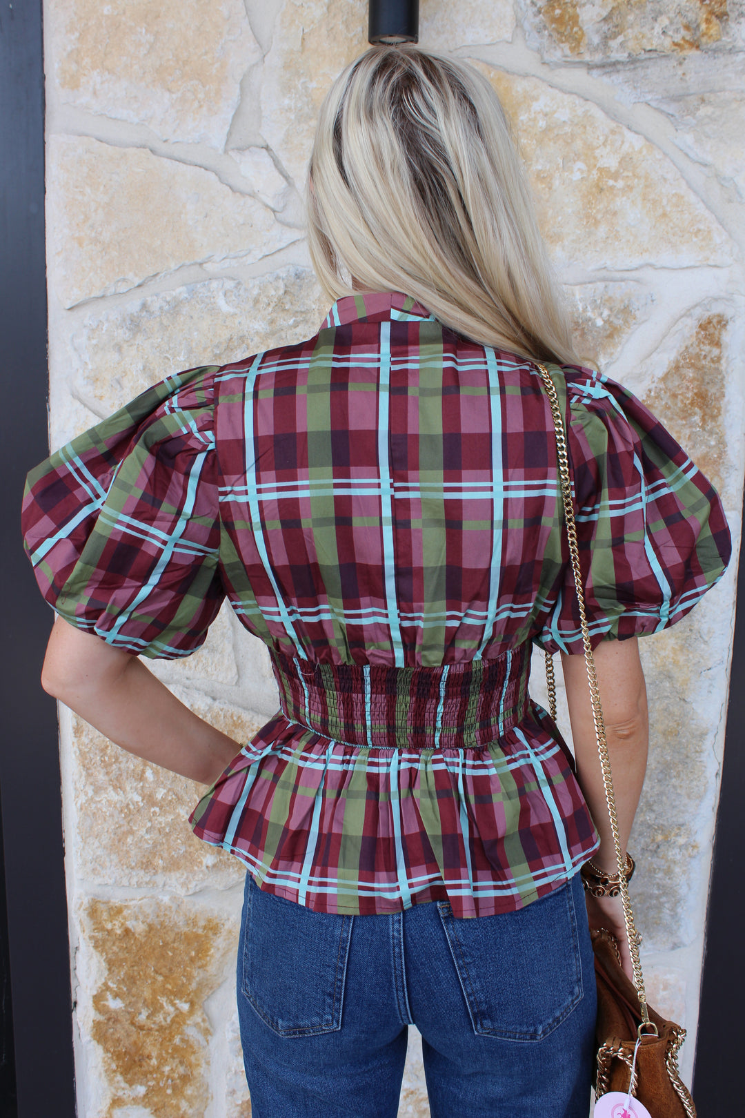 Plaid Smocked Zipper Blouse
