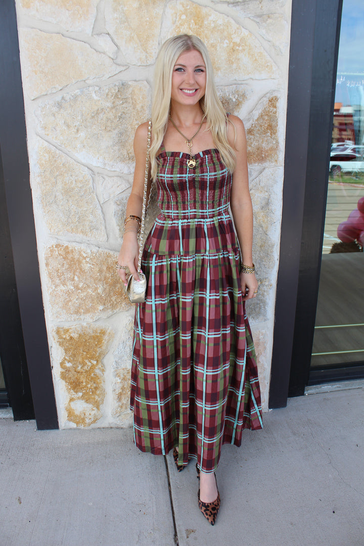 Plaid Smocked Midi Dress