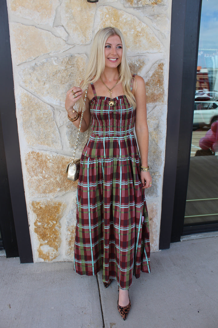 Plaid Smocked Midi Dress