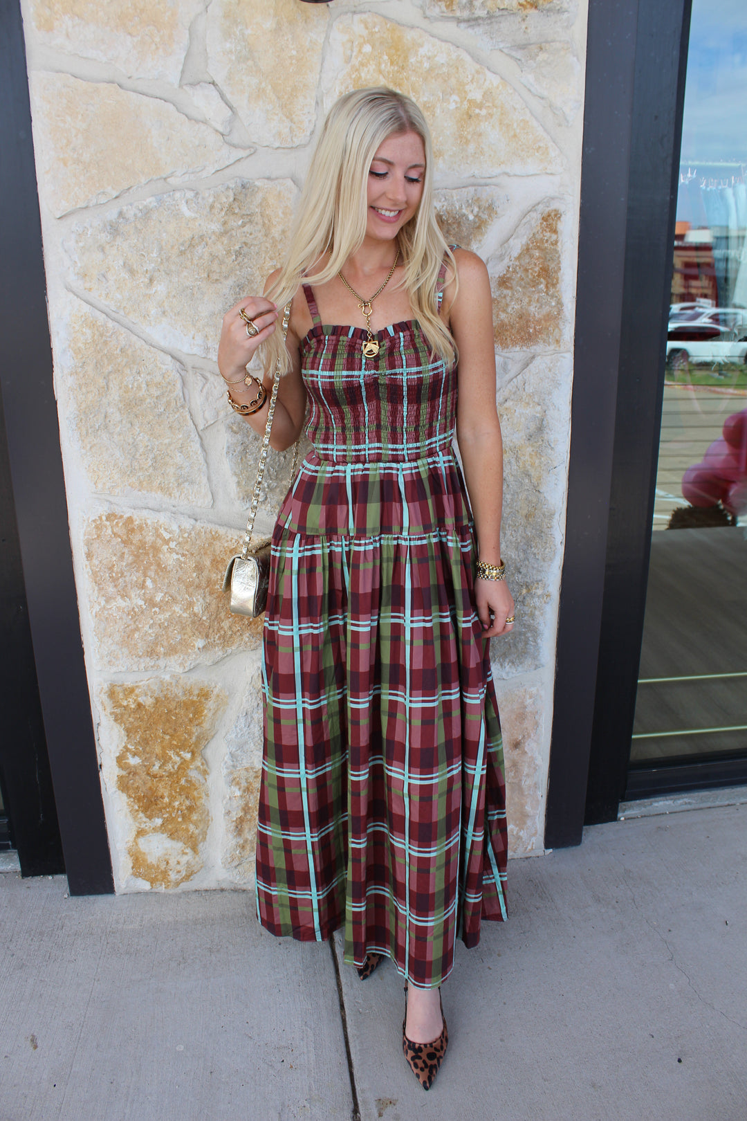 Plaid Smocked Midi Dress