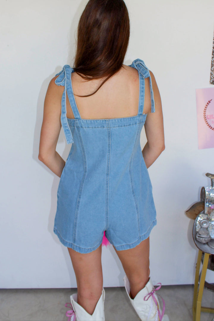Light Wash Denim Romper with Ties