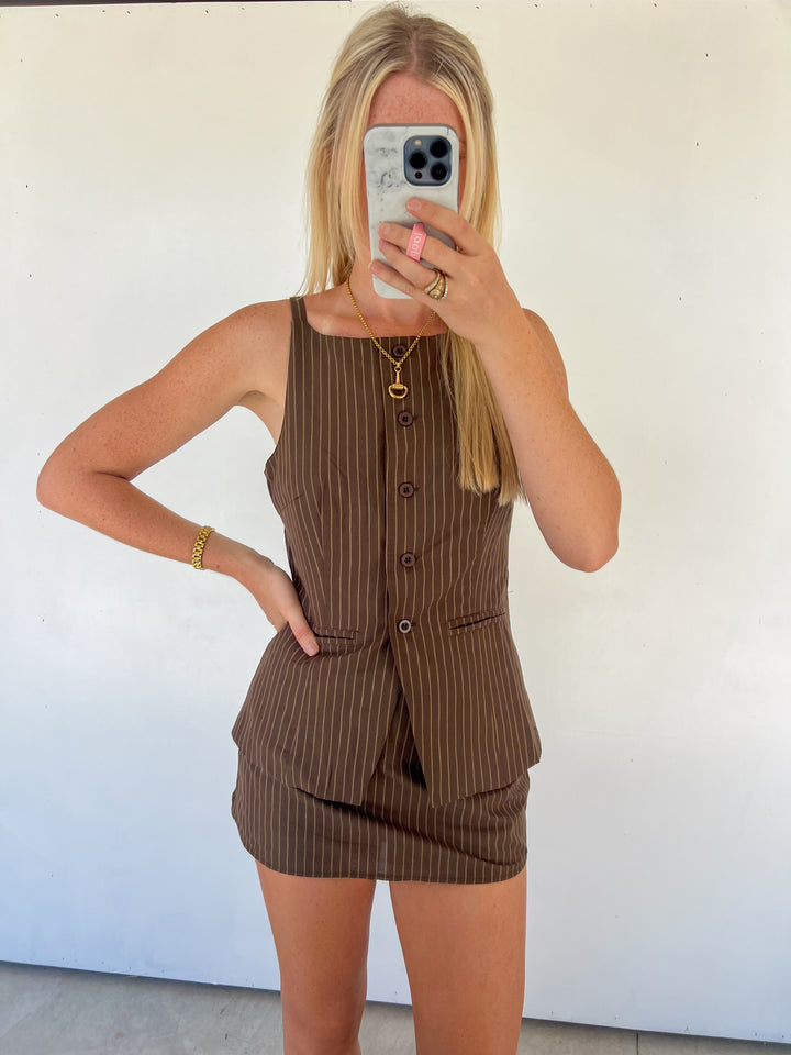 Brown Stripe Vest & Short Set