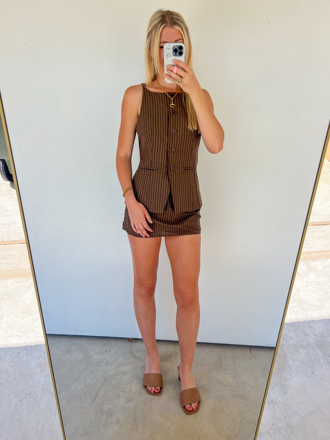 Brown Stripe Vest & Short Set