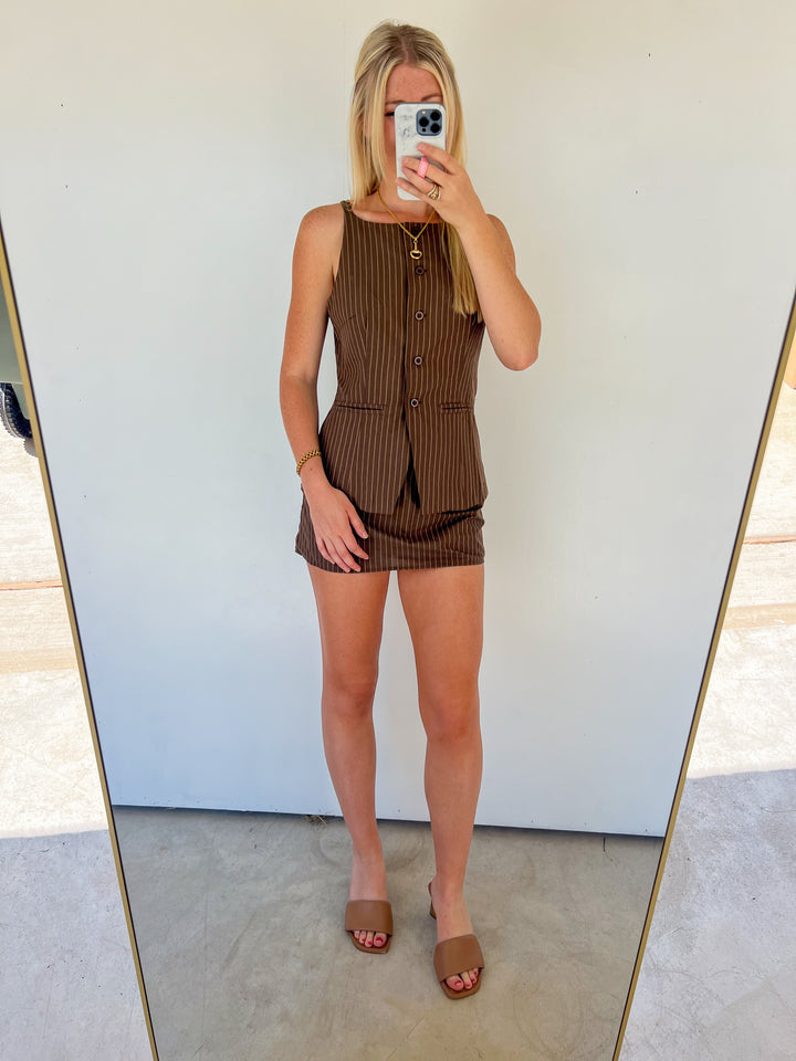 Brown Stripe Vest & Short Set