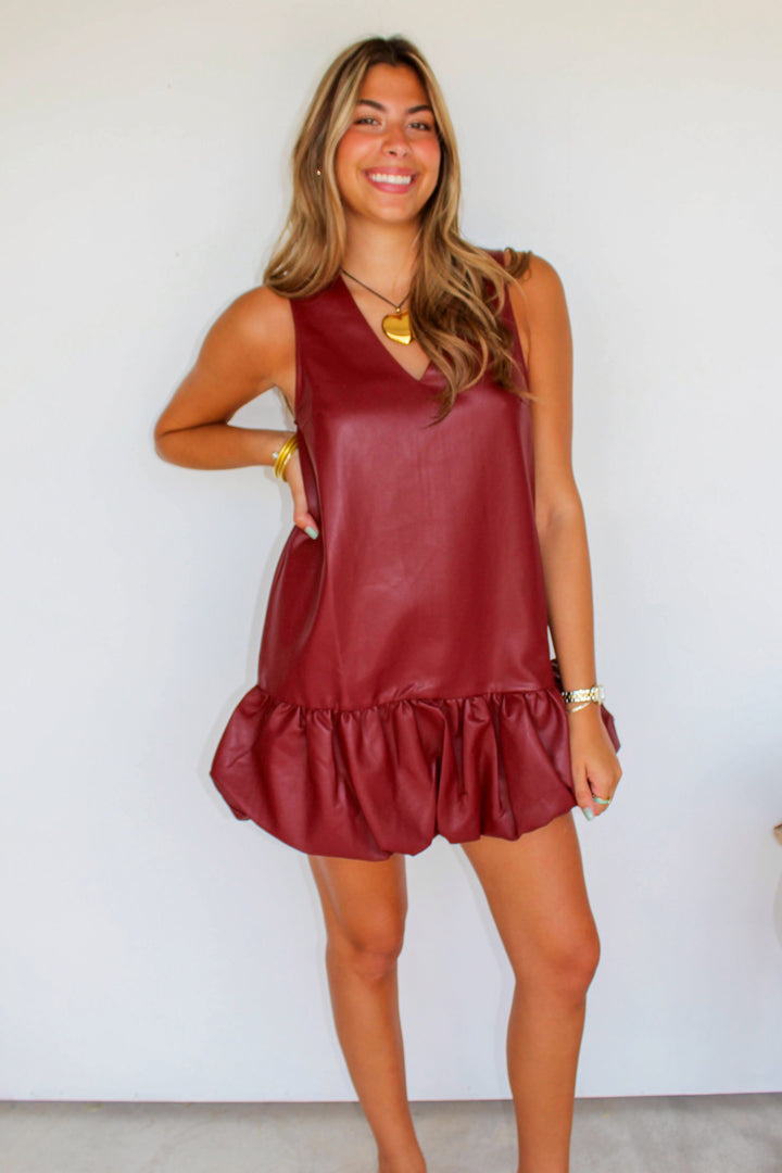 Maroon Leather Bubble Hem Dress