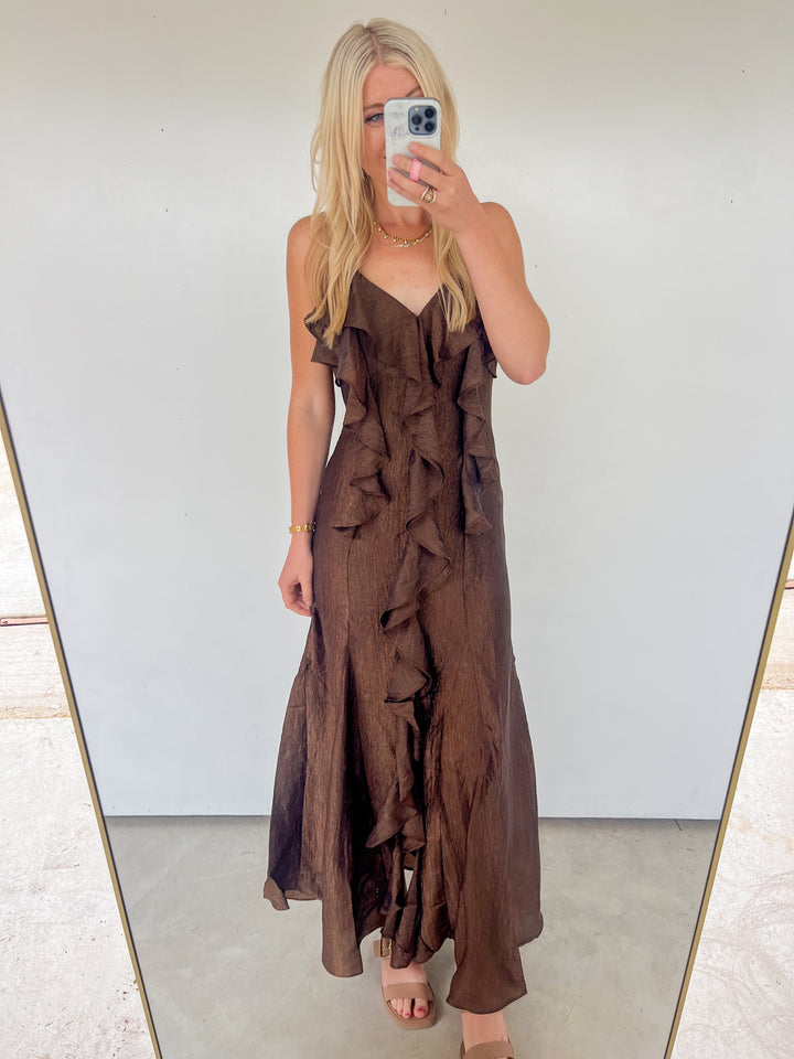 Brown Ruffle Maxi Dress
