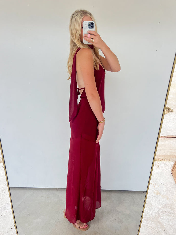 Maroon Maxi Dress with Scarf