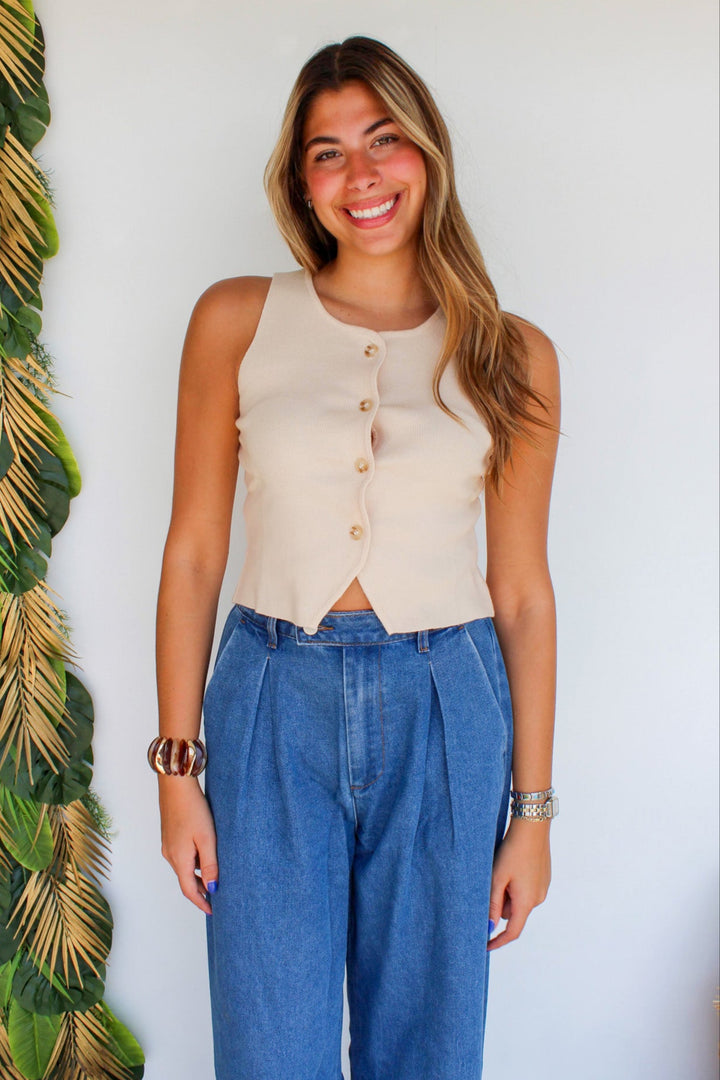 Button Up Knit Tank in Cream