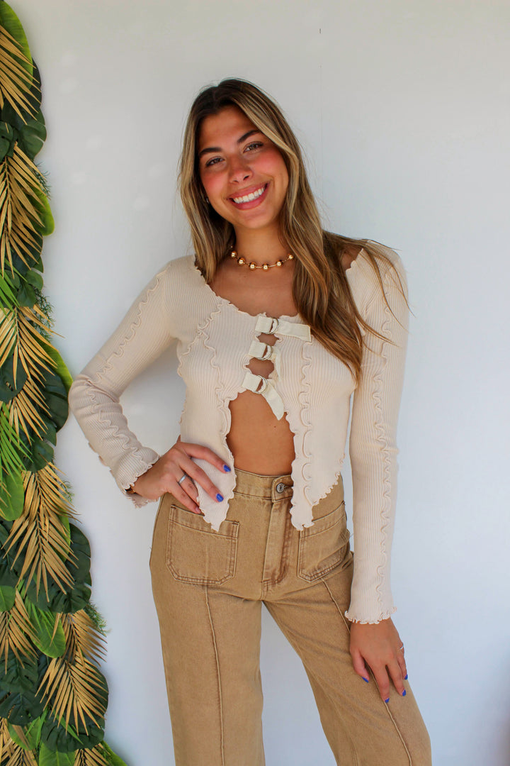 Beige Buckle Strap Top