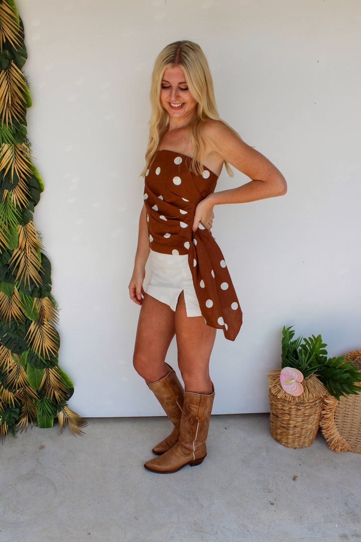 Mocha Polka Dot Drape Top