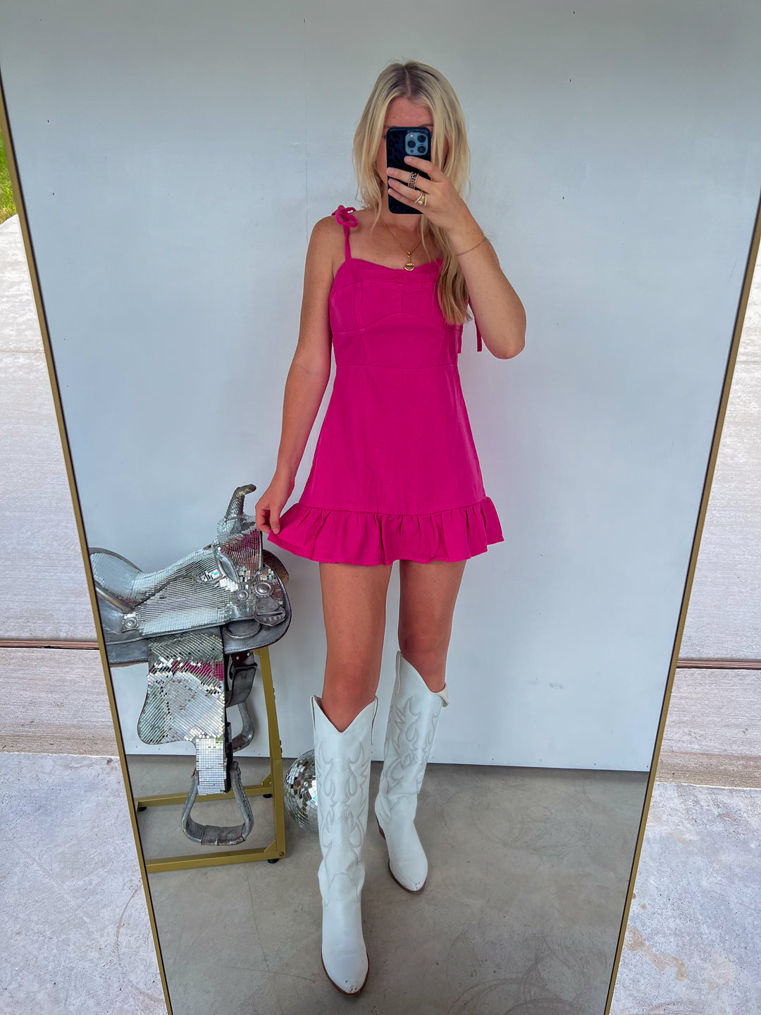 Pink Denim Shoulder Tie Dress