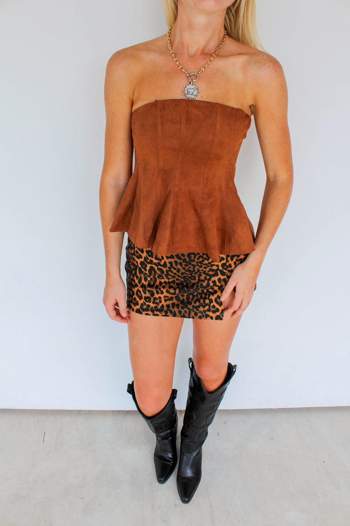 Strapless Suede Pleated Top in Rust