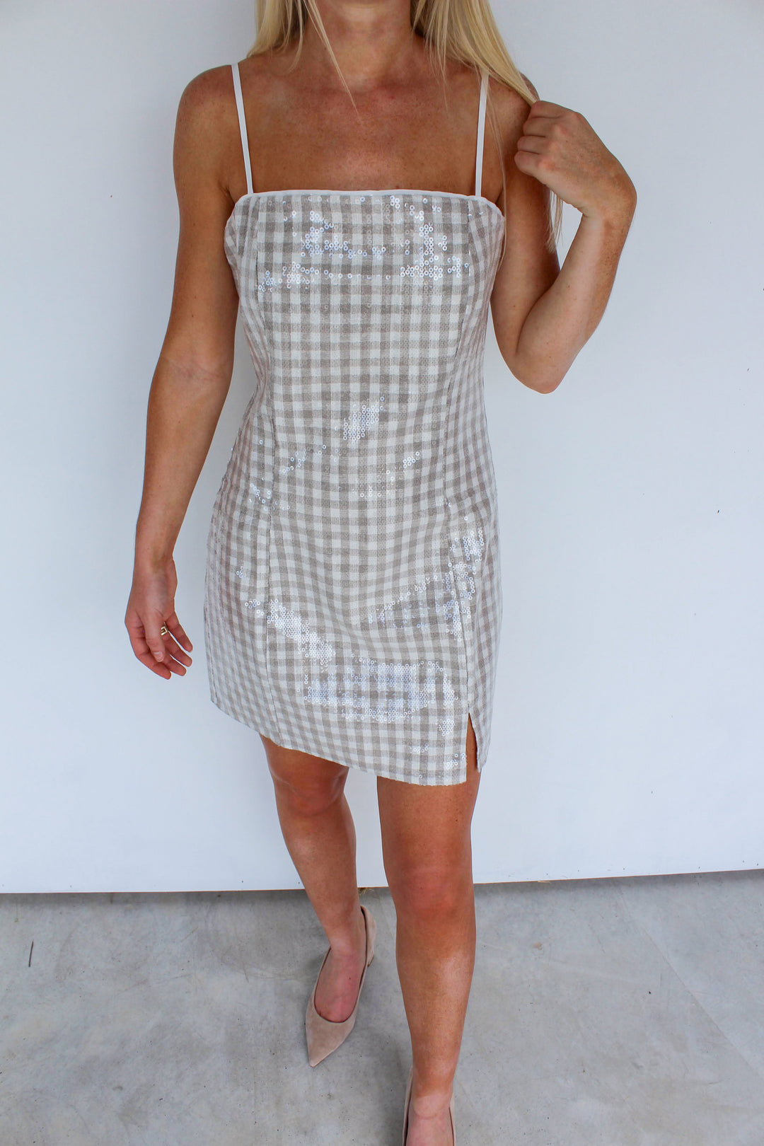 Ivory & Beige Gingham Sequin Dress