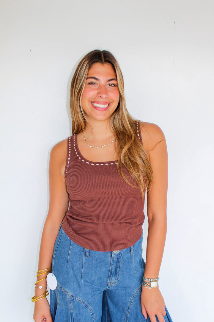 Brown Tank Top with White Stitching