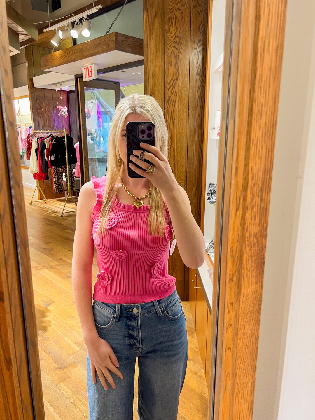 Pink Knit Tank with Floral Applique