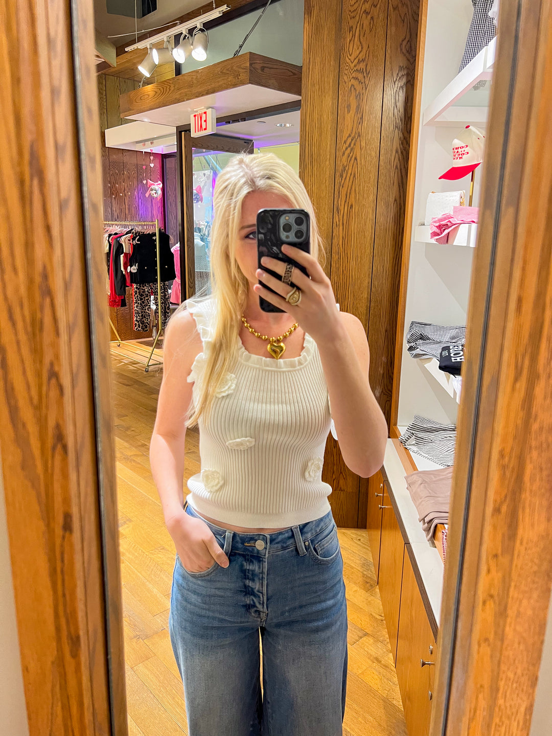 White Knit Tank with Floral Applique