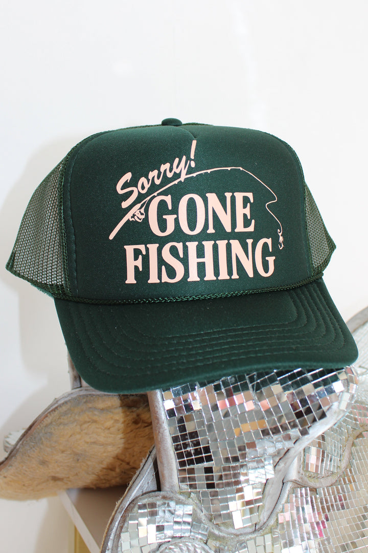 Gone Fishing Trucker Hat in Green