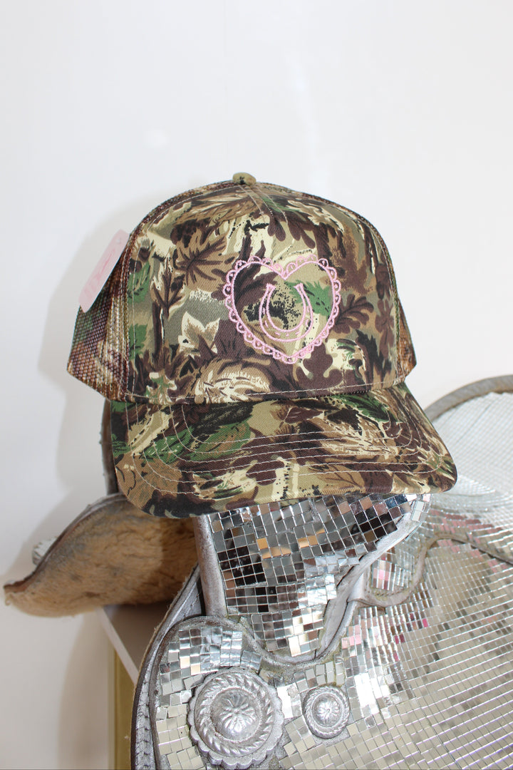 Green Camo & Pink Horseshoe Heart Trucker Hat