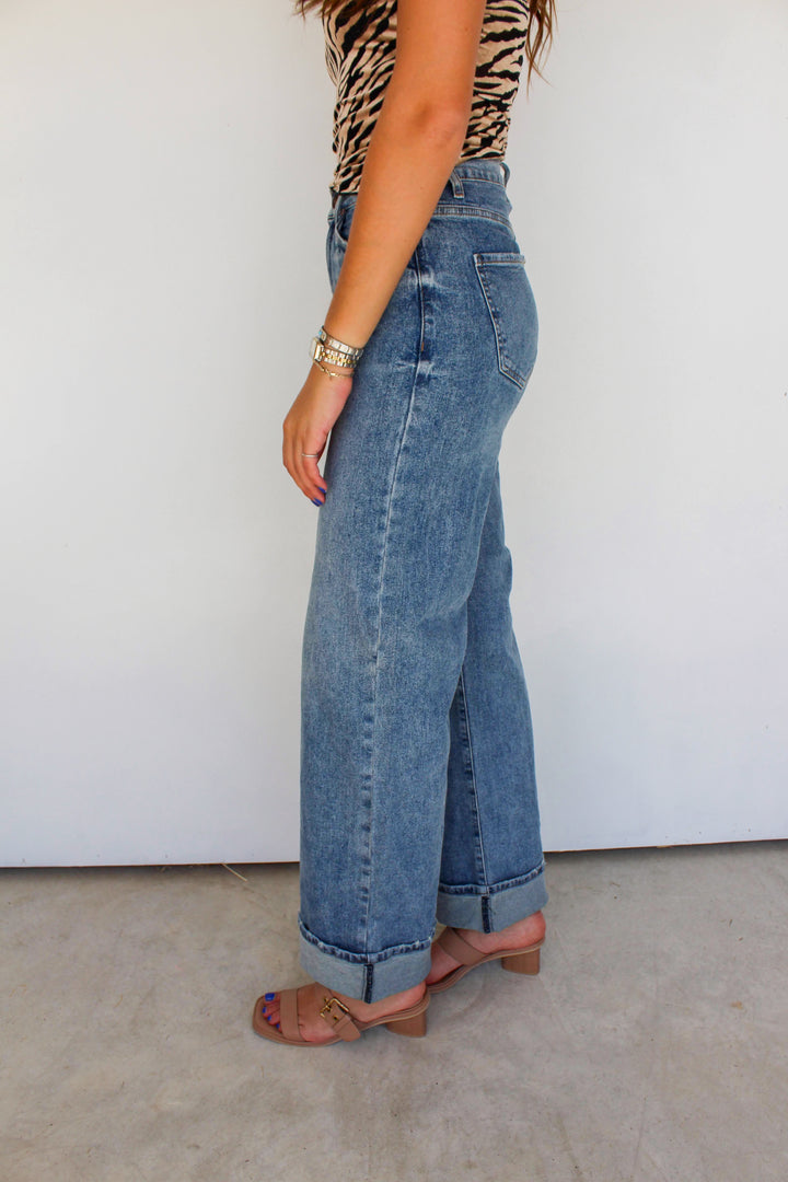 Wide Leg Cuffed Jeans