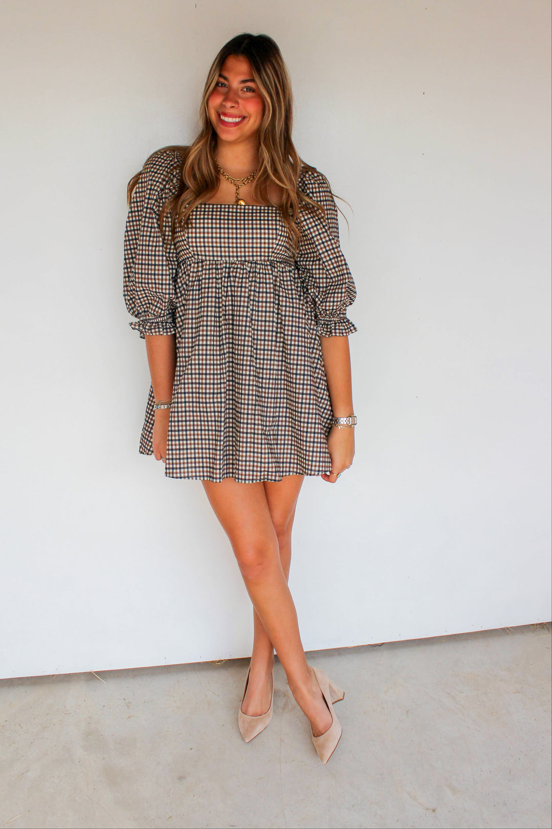 Navy & Brown Gingham Babydoll Dress