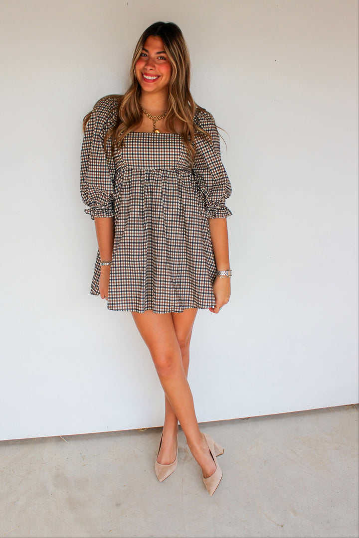 Navy & Brown Gingham Babydoll Dress