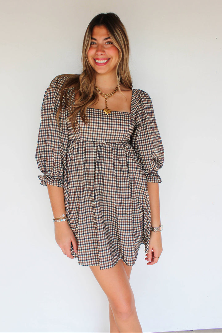 Navy & Brown Gingham Babydoll Dress