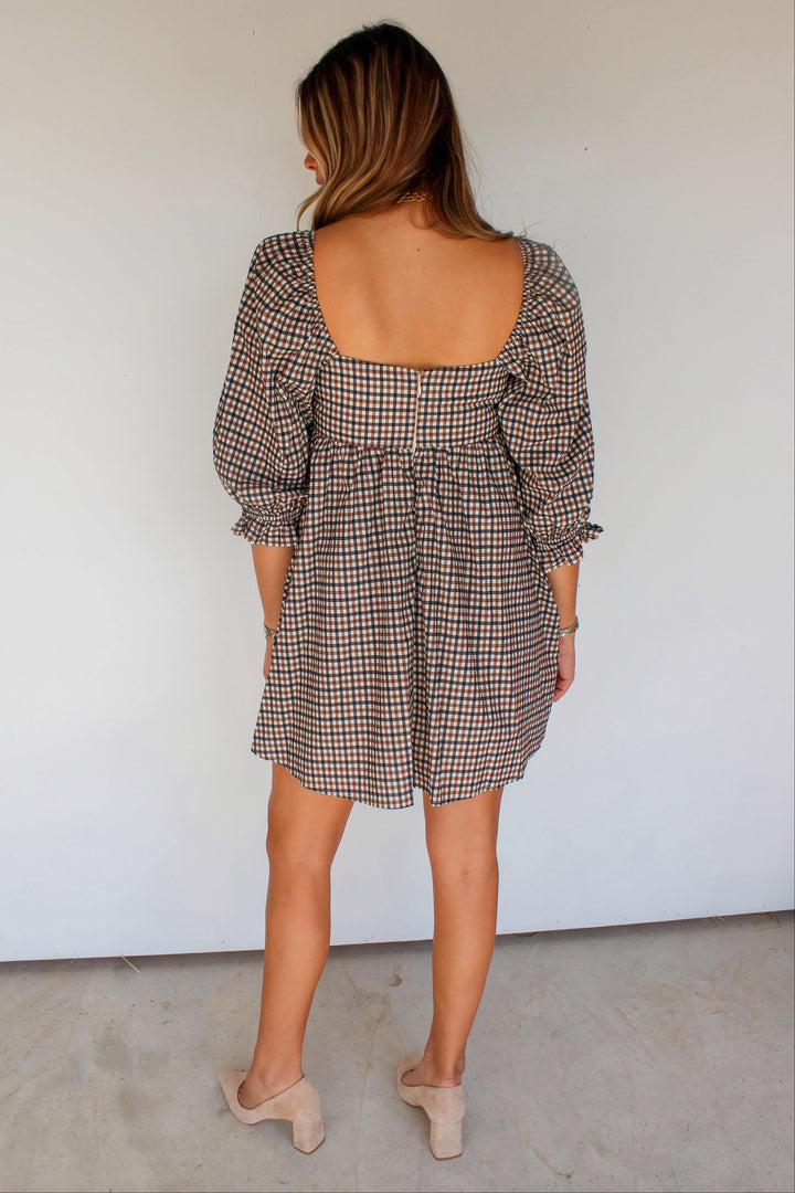 Navy & Brown Gingham Babydoll Dress