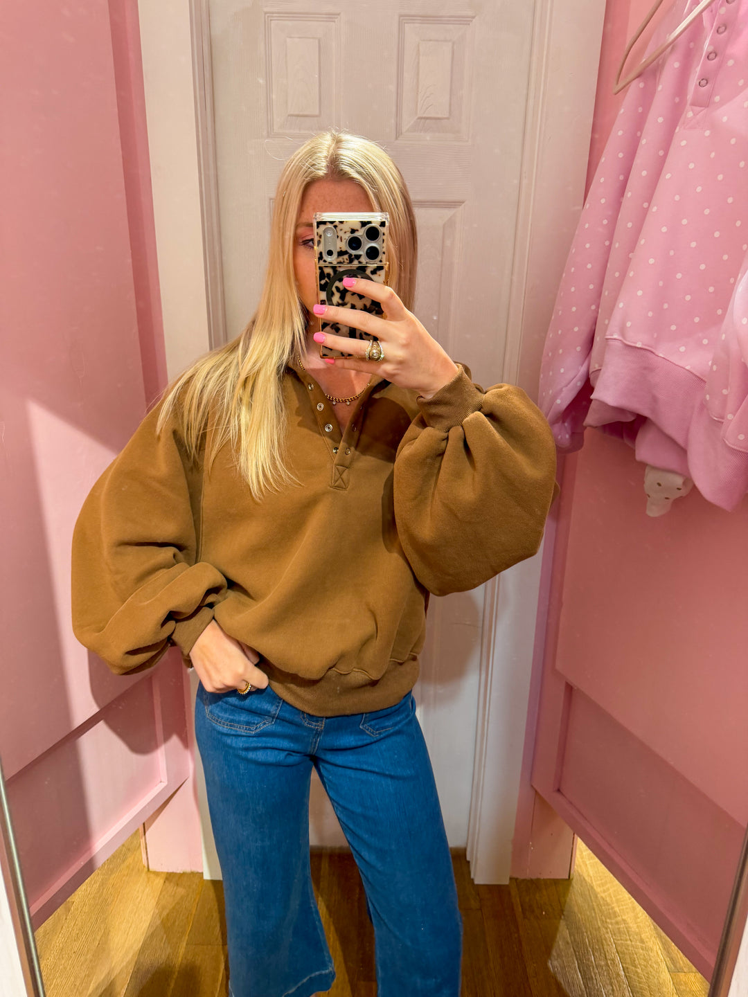 Snap Button Collared Sweater in Brown