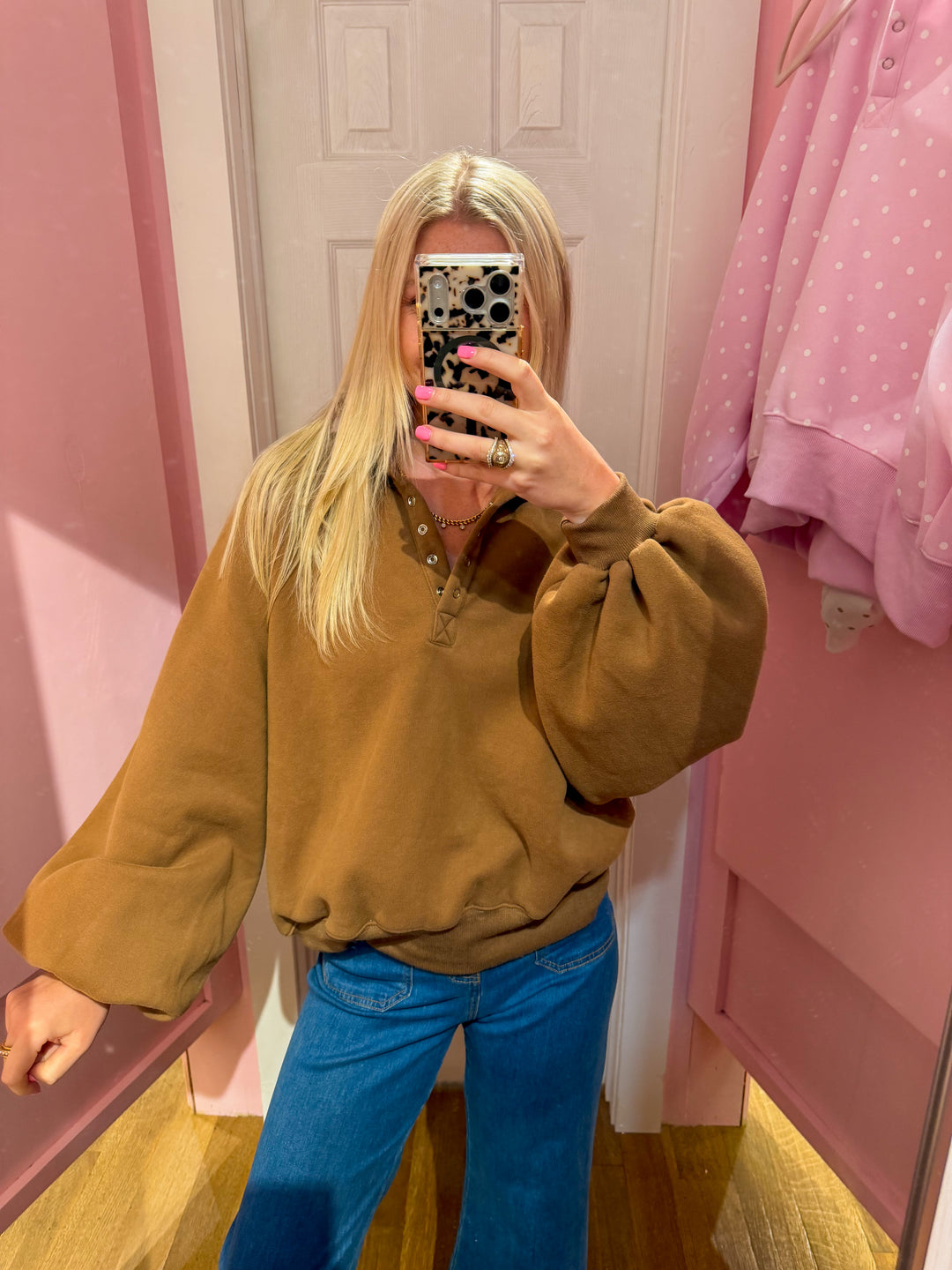 Snap Button Collared Sweater in Brown