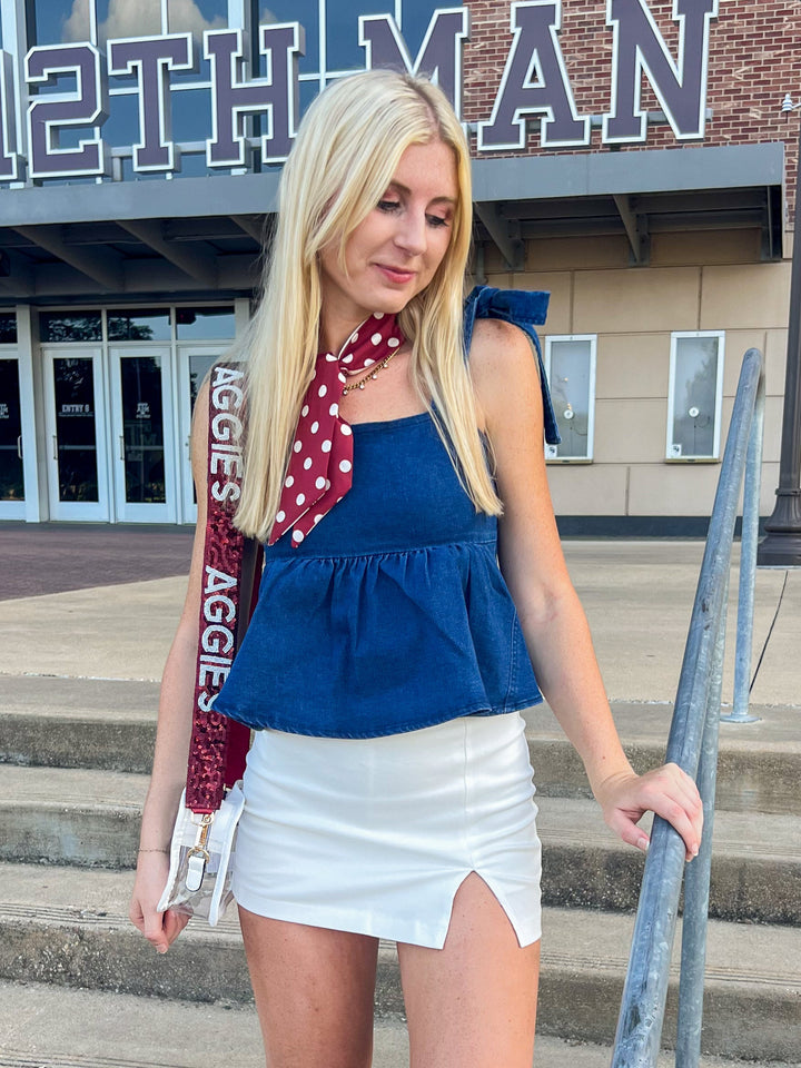 Denim Peplum Shoulder Tie Top