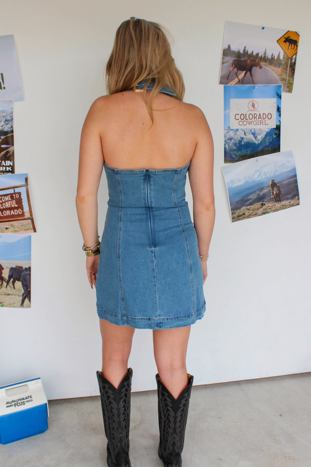 Buckle Denim Halter Dress