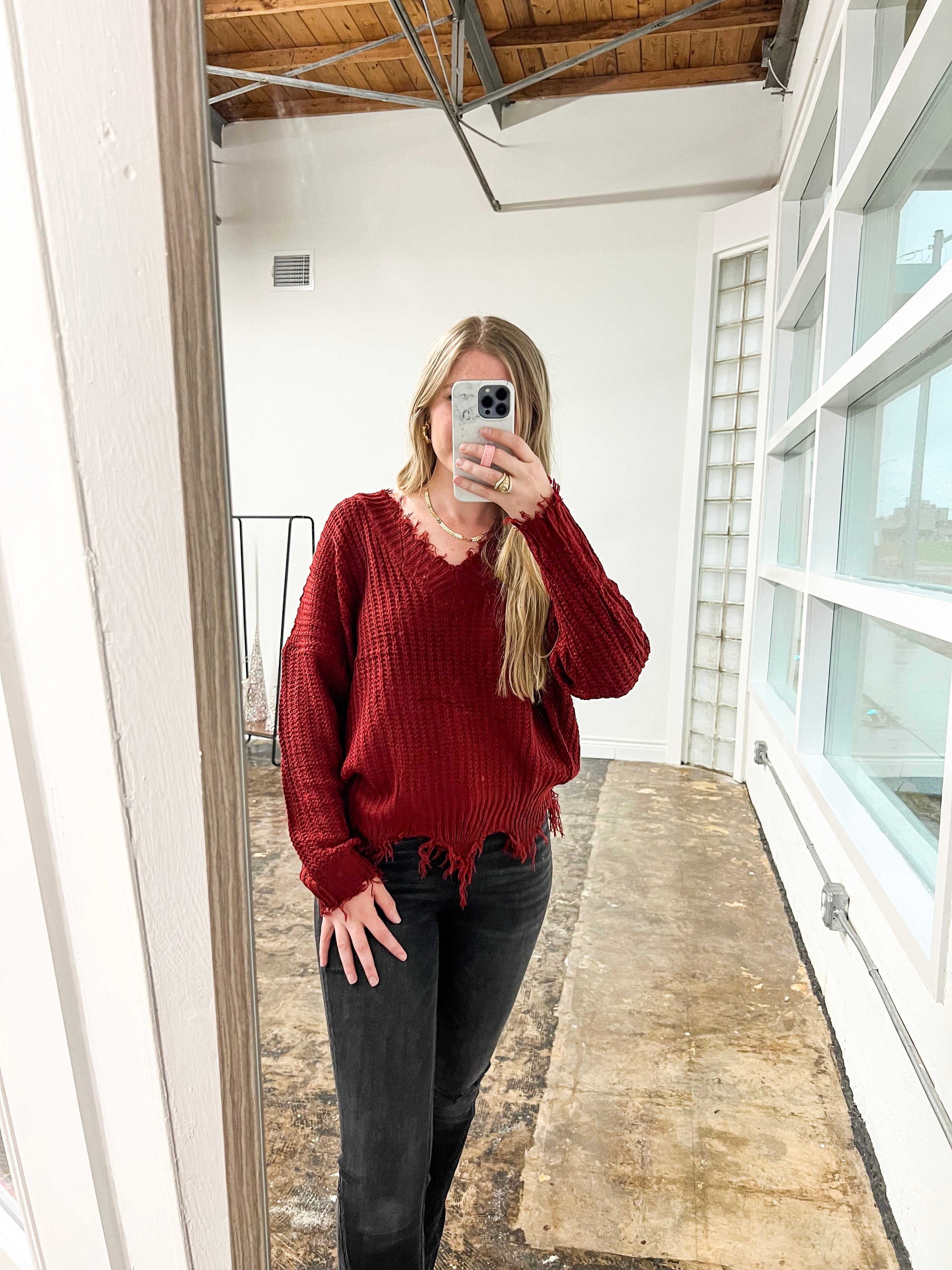 Maroon Frayed Sweater - JD Ranch Boutique